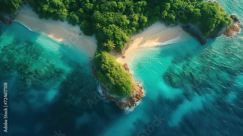 Aerial shot capturing the allure of dense rainforests, sun-kissed beaches, and crystal-clear waters. Tropical dreamscape. AI