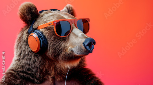 Portrait of bear wearing glasses and headphones photo