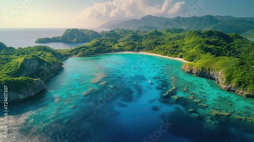 Aerial image showcasing turquoise seas, lush vegetation, and white sand stretching to the horizon. Dron. AI generated image