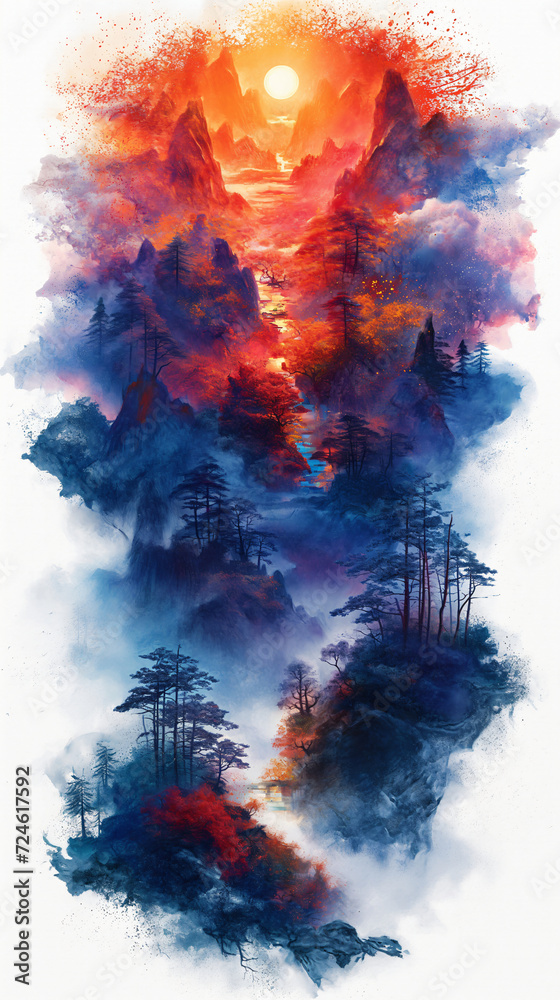 A beautiful fantasy landscape on a white background. Mountains, trees, fog. Watercolor painting. Abstract intricate splashes of paint on a white background. Generative AI.	