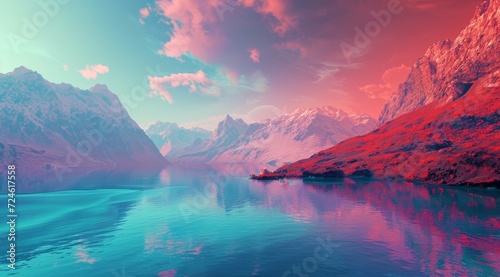 Fantasy landscape with mountains and river. Digital painting.