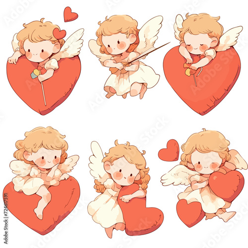 set of angels with hearts cute cupid isolate on white background generated AI
