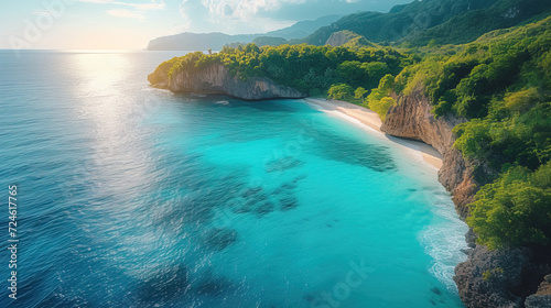 Aerial image showcasing turquoise seas  lush vegetation  and white sand stretching to the horizon. Dron. AI generated image