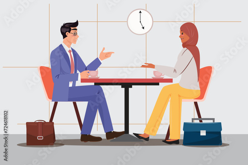 Man in a suit and a woman in a headscarf connect over coffee, exemplifying workplace diversity. Business, diversity, teamwork concept illustration