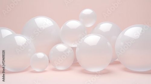 3D white spheres of different sizes and transparency. Pastel colour palette. Abstract background. Generative AI