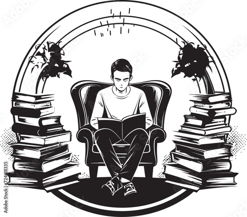 Literary Lounge Student Nestled Among Books Icon Wisdom Whirlpool Student Absorbed in Books Emblem