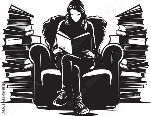 Wisdom Whirlpool Student Absorbed in Books Emblem Educational Eden Student with Books in Black Vector