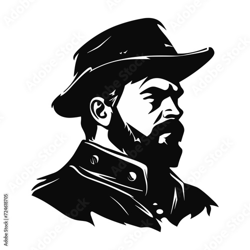 Silhouette of a bearded man in a hat in retro style