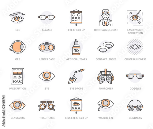 Ophthalmology, eyes health care line icons. Optometry equipment, contact lenses, glasses, blindness. Vision correction thin linear signs for oculist clinic. Orange Color. Editable Stroke