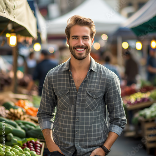 Happy Young Man at Outdoor Market in Plaid Shirt. A cheerful young man with a friendly smile standing at an outdoor market, wearing a casual plaid shirt with a bustling crowd in the background.