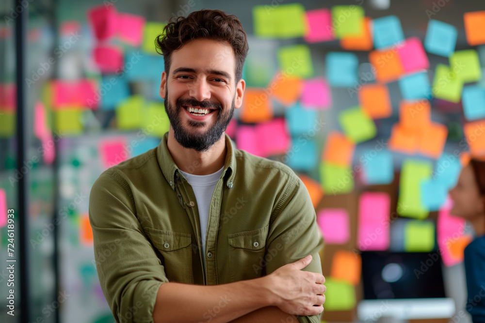 Smiling Creative Professional with Planning Board. Cheerful male creative professional with arms crossed, standing before a colorful planning board with sticky notes in a bright office. Smiling Creative Professional with Planning Board. Cheerful male creative professional with arms crossed, standing before a colorful planning board with sticky notes in a bright office.