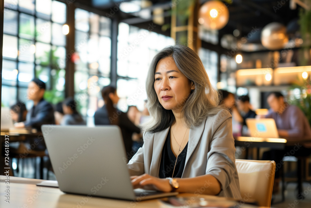 Confident Asian Businesswoman at Laptop in Cafe. Professional Asian businesswoman with a poised expression working on her laptop in a bustling cafe environment.
