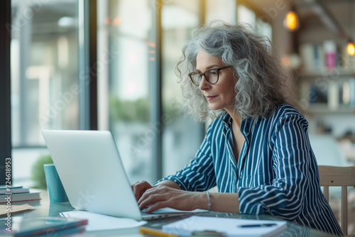Senior Woman Concentrating on Laptop Work. Focused mature woman with gray hair working on a laptop in a home office, exemplifying remote work and lifelong learning.