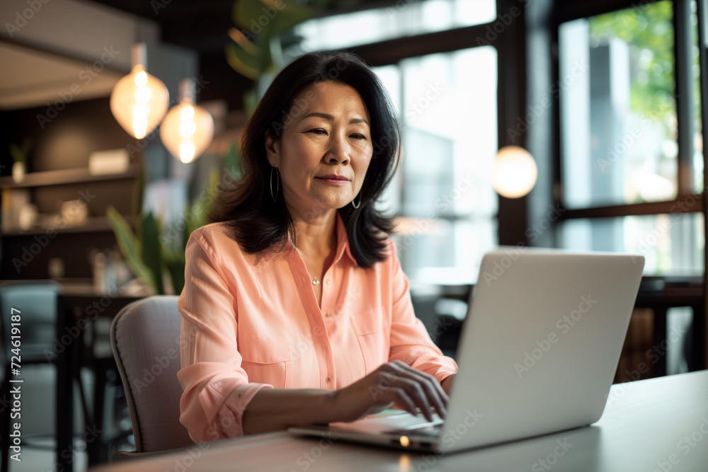 Confident Asian Businesswoman at Laptop in Cafe. Professional Asian businesswoman with a poised expression working on her laptop in a bustling cafe environment. Confident Asian Businesswoman at Laptop in Cafe. Professional Asian businesswoman with a poised expression working on her laptop in a bustling cafe environment.