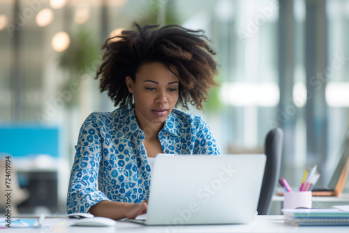 Focused Professional in a Stylish Blue Office. Black businesswoman concentrating on laptop work, styled in a chic blue blouse.