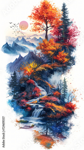A beautiful fantasy landscape on a white background. Mountains, trees, fog. Watercolor painting. Abstract intricate splashes of paint on a white background. Generative AI. 