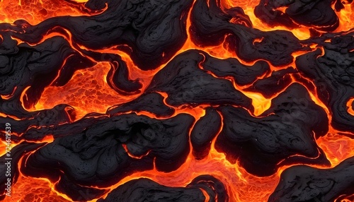 Seamless lava flow pattern with a fire texture, rock, volcano, molten, and hell-hot flames. Earth's liquid black red hellhole, cracking, volcanic texture, earth fire, explosion, and relief