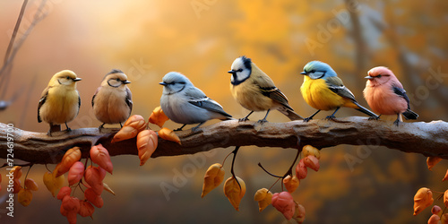 A group of birds are sitting on a branch with one of them has a blue and yellow bird on the chest.
