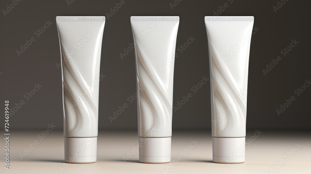 Close up of cream tubes group, product mock-up. Light background. Layout for cosmetics. Copy space. Generative AI Close up of cream tubes group, product mock-up. Light background. Layout for cosmetics. Copy space. Generative AI