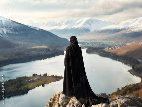 Woman in a black robe stands on the edge of the mountain and looks at the valley. Created using generative AI tools
