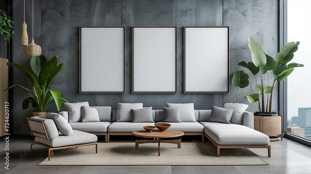 modern living room with blank wall and screen mockups