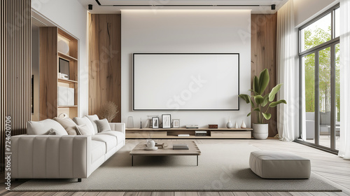 modern living room with blank wall and screen mockups