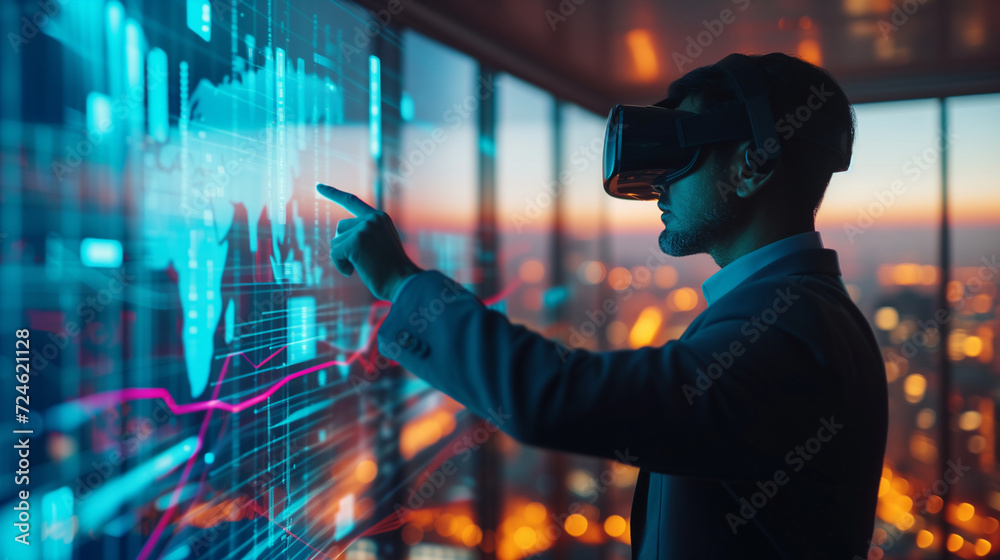 businessman in VR glasses pointing at holographic chart, city view businessman in VR glasses pointing at holographic chart, city view