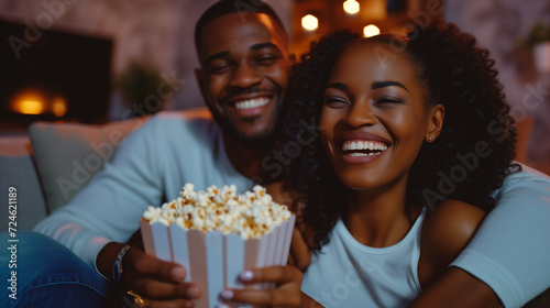 A couple sharing popcorn while watching a movie, conveying the romance and fun of a date night