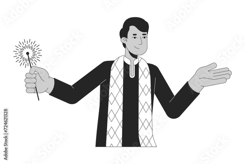 South indian dhoti man holding sparkler black and white 2D line cartoon character. Young adult male isolated vector outline person. Festival of lights Deepawali monochromatic flat spot illustration