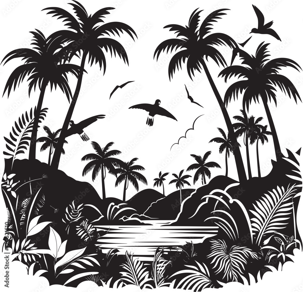 Jungle Majesty Black Vector Logo Design Tropical Treasures Bold Jungle Emblem