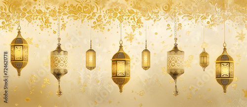 Decorative Arabic lantern with sparkling gold lights. Festive greeting card, invitation to the Muslim holy month of Ramadan Kareem.