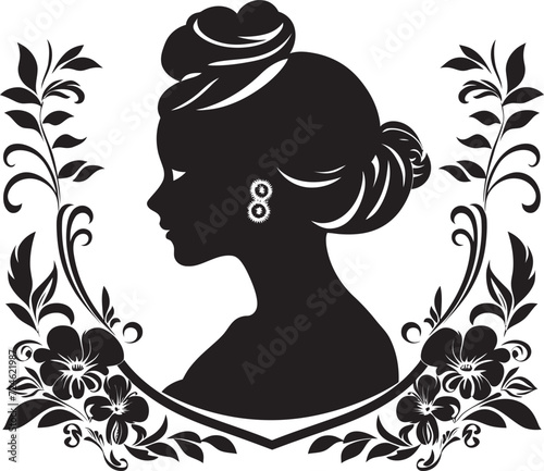 Retro Rose Reverie Black Floral Border Design Vintage Bloom Belle Womans Face Vector Emblem