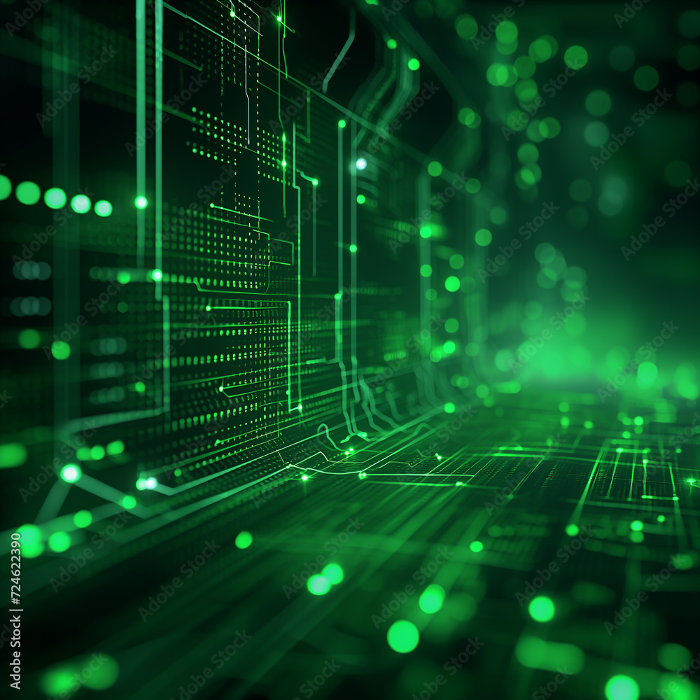 A vibrant mix of green lights and abstract matrix graphics forms the background A vibrant mix of green lights and abstract matrix graphics forms the background
