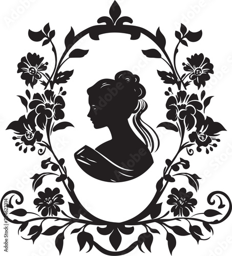 Vintage Floral Vision Womans Face Logo Retro Rose Reverie Black Floral Border Design