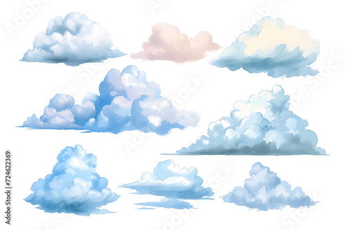 Pastel clouds collection in watercolor style isolated on white background