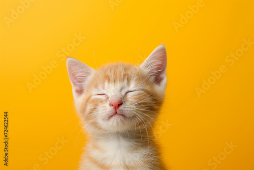 A cute orange cat with turned off eyes, captured in soft shadows.