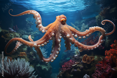 Octopus in the deep blue ocean. Underwater life scene. Hyper realistic illustration © Татьяна Евдокимова