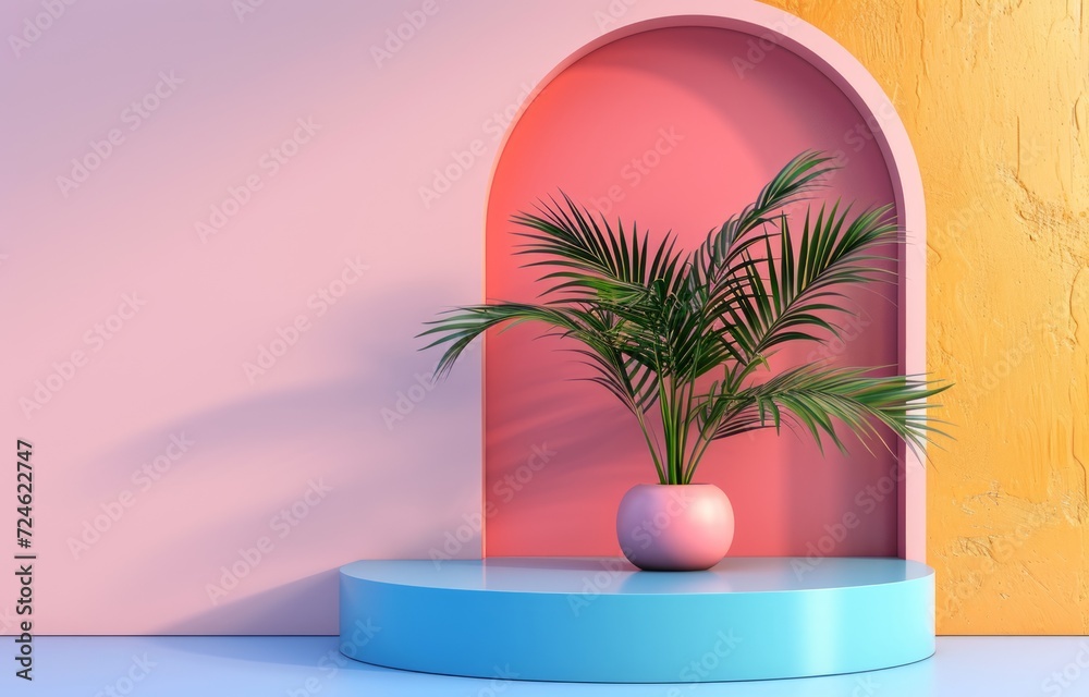 3D realistic cylinder pedestal podium and palm tree background.