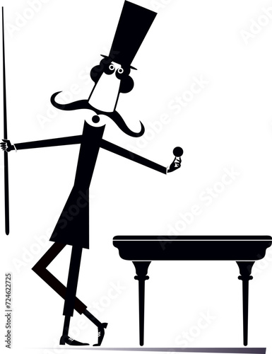 Man in the top hat playing billiards at club. 
Cute long mustache man in the top hat holding a cue and snooker ball. Black and white illustration
