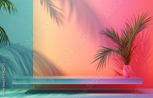 Abstract 3D room with set of realistic pedestal podium and palm tree © Oleg