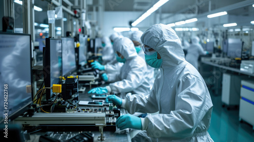 Operator in white clean suit, a cap and a mask at an electronic assembly line soldering copper wire to a circuit board with solder iron and smoke