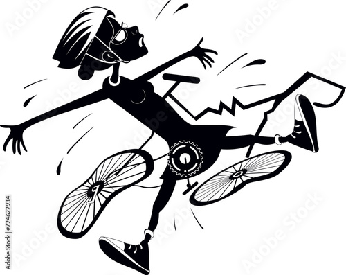 Cyclist woman falling down from the bicycle. Cyclist woman laying under the broken bicycle. Black and white illustration 