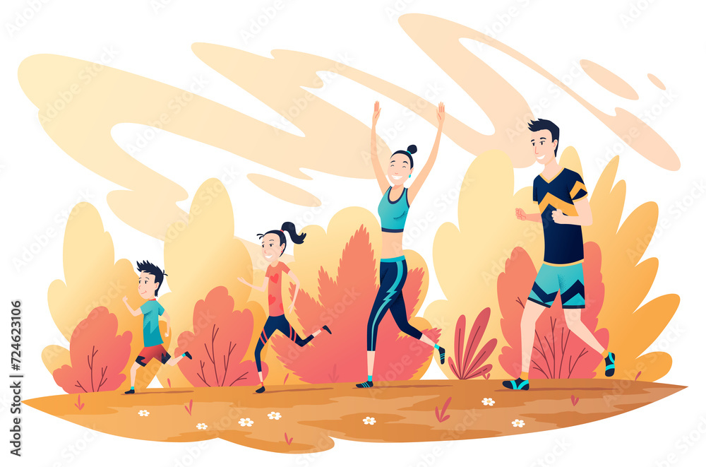Obraz premium Family running marathon. Mother, father, son and daughter jogging together. Active and healthy lifestyle. People participate in sportive activity. Cartoon isolated illustration scene