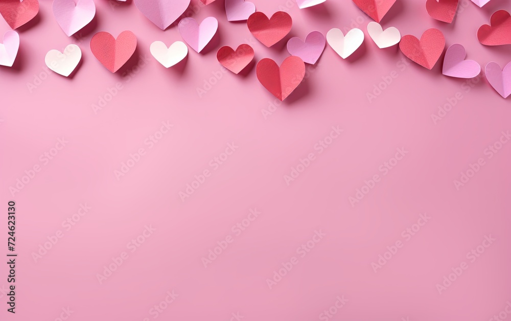 Valentine's Day background with paper hearts on a pink background