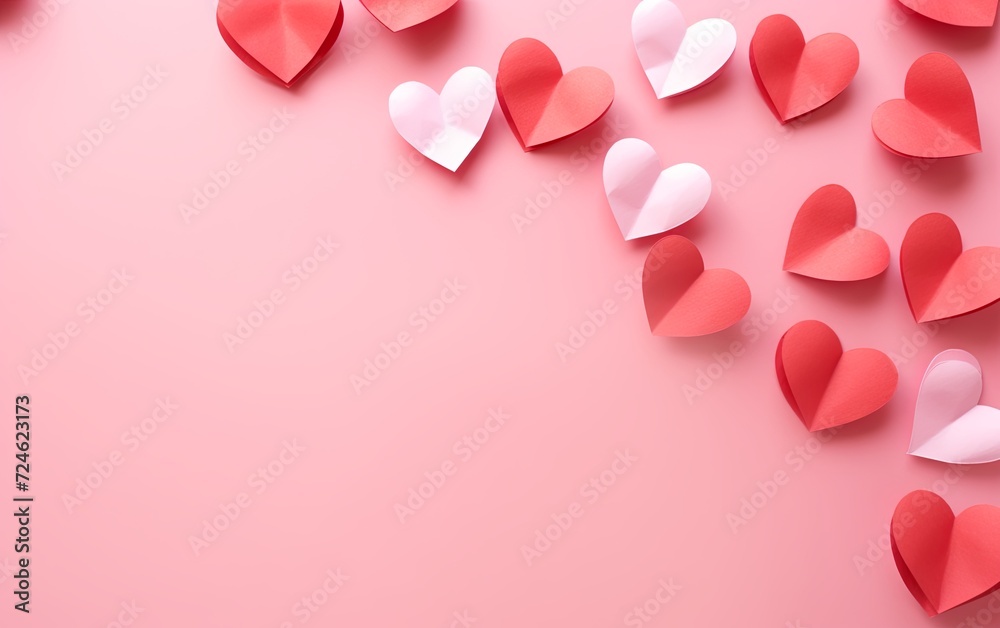 Valentine's Day background with paper hearts on a pink background
