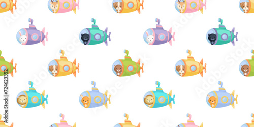 Cute little animals on submarine seamless childish pattern. Funny cartoon animal character for fabric, wrapping, textile, wallpaper, apparel. Vector illustration