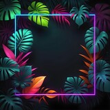 Neon square frame surrounded by tropical leaves. Dark background. Generative AI.