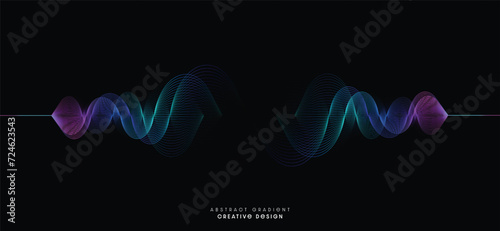 Digital banner design with line wave glowing colorful gradient lights isolated on black background. Conceptual design for technology and communication. EPS vector illustration.