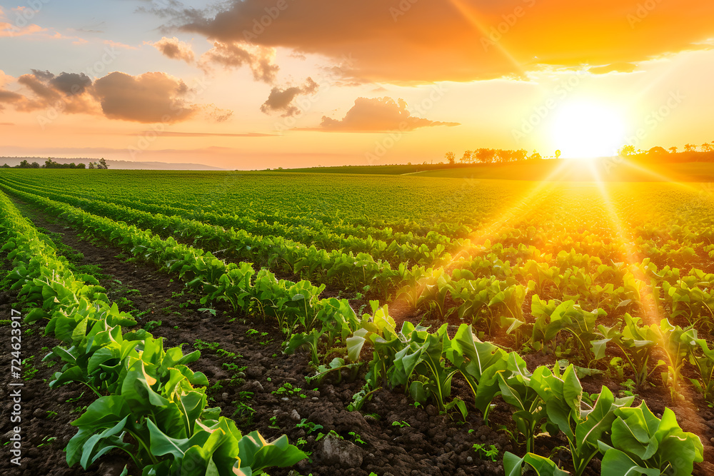 Agriculture field with crops at sunrise
