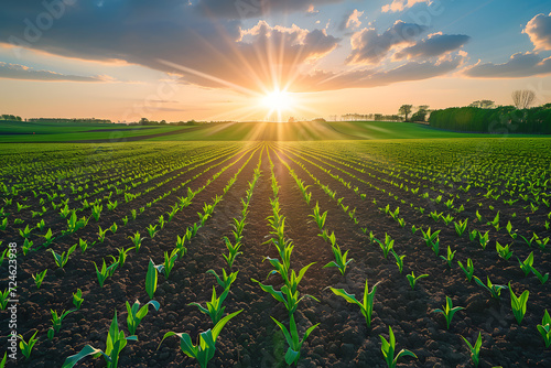 Agriculture field with crops at sunrise